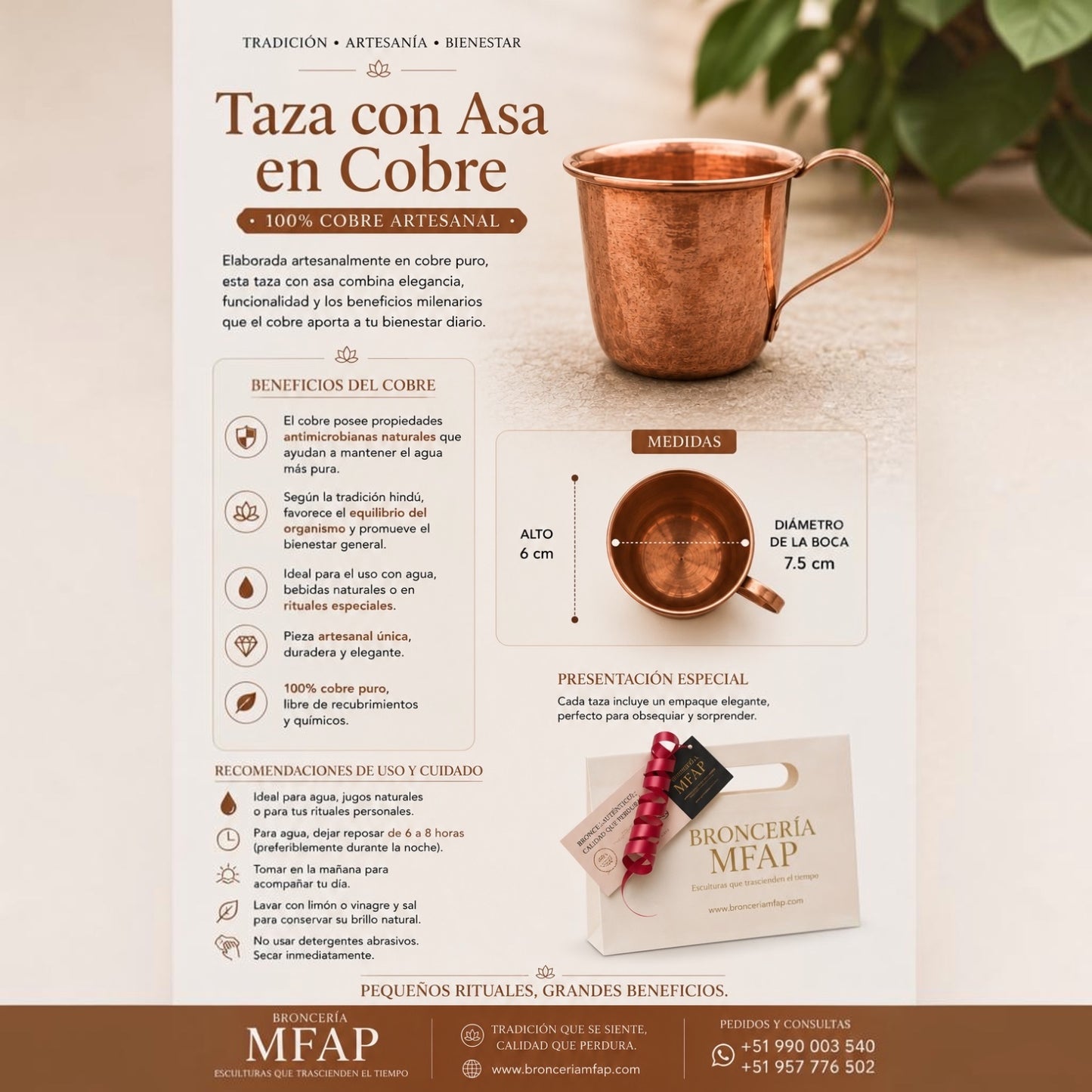 Taza con asa de cobre puro 7.5cm - Elegancia y tradición en cada uso